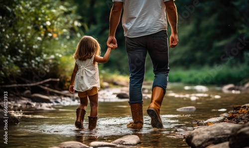 A man and a little girl walking in a strea