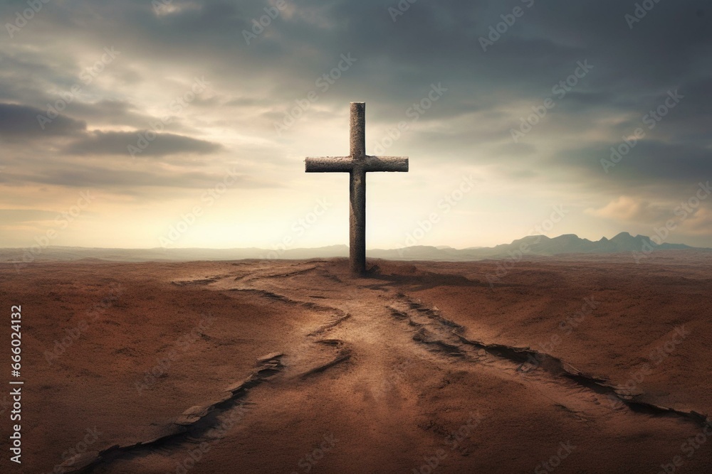 Empty cross symbolizing Jesus Christ's salvation and resurrection. Generative AI