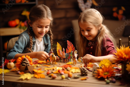 Kids are crafting handmade Thanksgiving decorations to adorn the house.