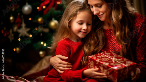 Mother and daughter give a Christmas gift. Generative AI,