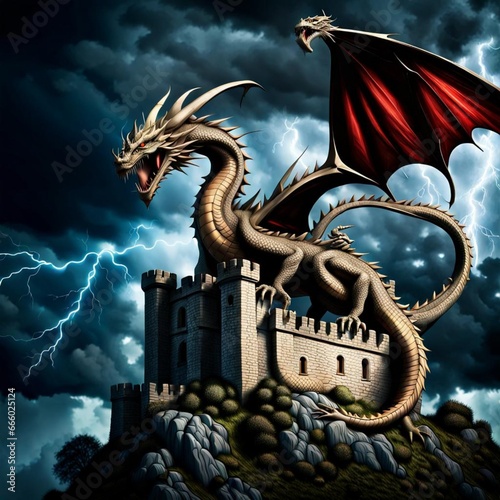 “Fantasy illustration of a dragon perched on a castle, with a stormy sky and lightning in the background.”