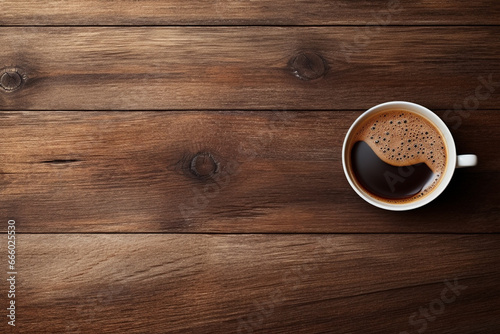 Cup of coffee, Top-Down View on Wooden Table