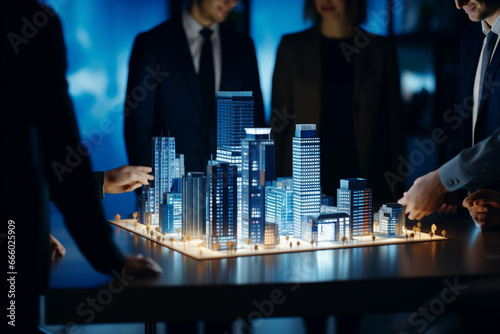 3d render model of small skyscraper building on table in real estate agency people talk and point about it around table.