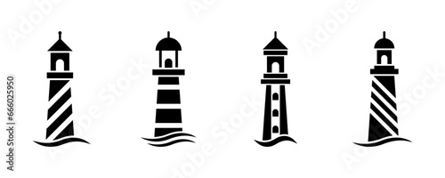 Set of maritime lighthouse vector icons. Black silhouette with beacon and ocean or sea wave. Vector 10 Eps.