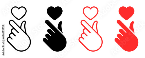 Set of Korean love vector symbols. Finger gesture with love. Black and red heart signs. Vector 10 Eps.