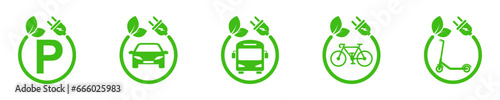 Set of charging stations vector icons. Charging for bicycle, bus, car and electric scooter. Point eco recharge energy. Green parking.