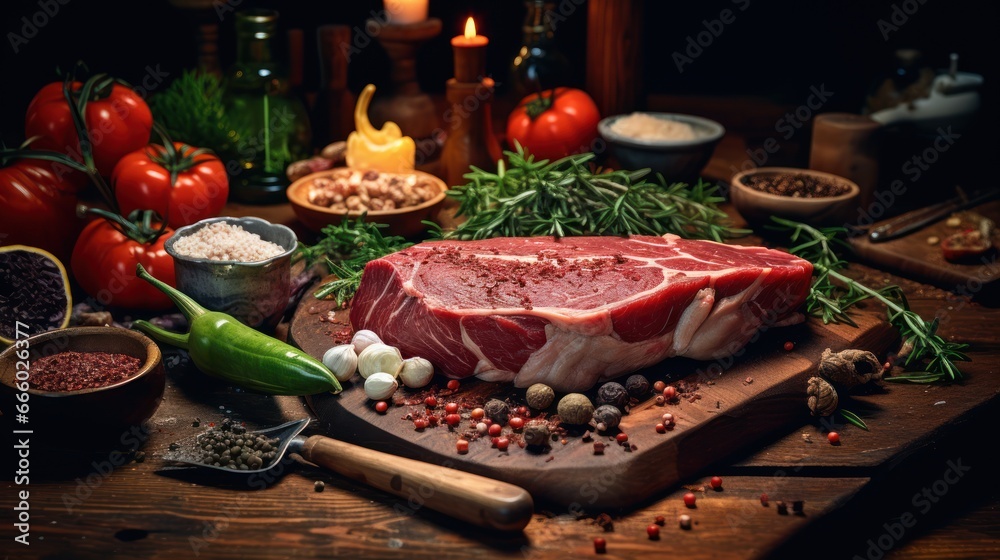 An enticing spread of raw meat, accompanied by fresh vegetables and a sprinkle of spices, awaits culinary magic on a wooden table