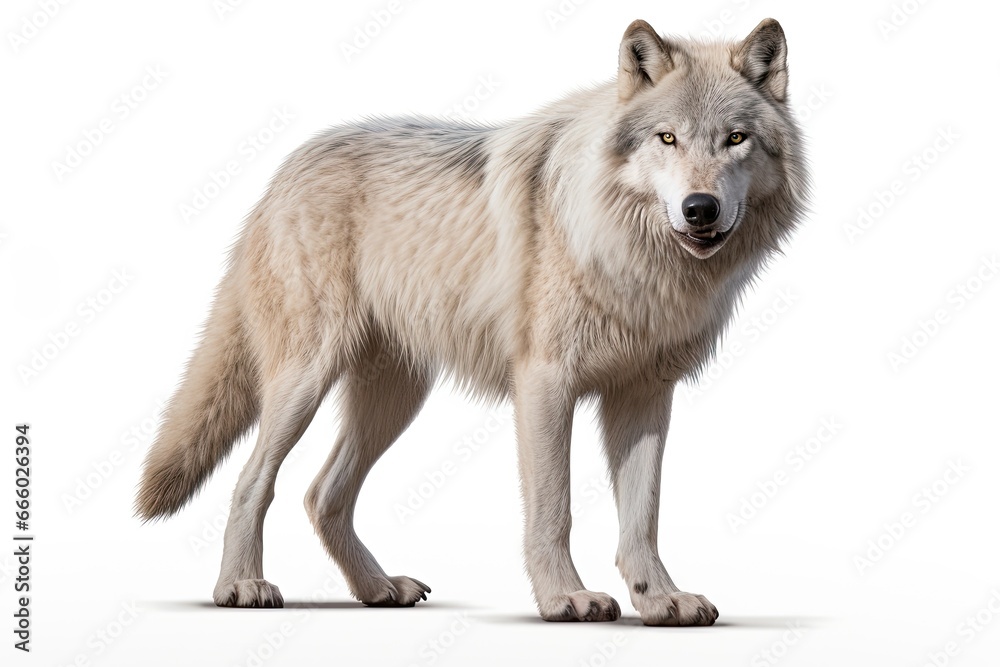 Photo of a majestic white Dire wolf in a serene snowy landscape created with Generative AI technology Photo of a majestic white Dire wolf in a serene snowy landscape created with Generative AI technology