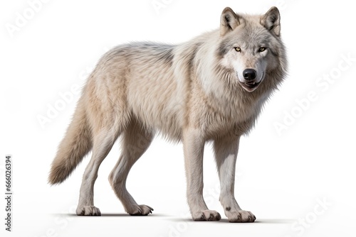 Photo of a majestic white Dire wolf in a serene snowy landscape created with Generative AI technology