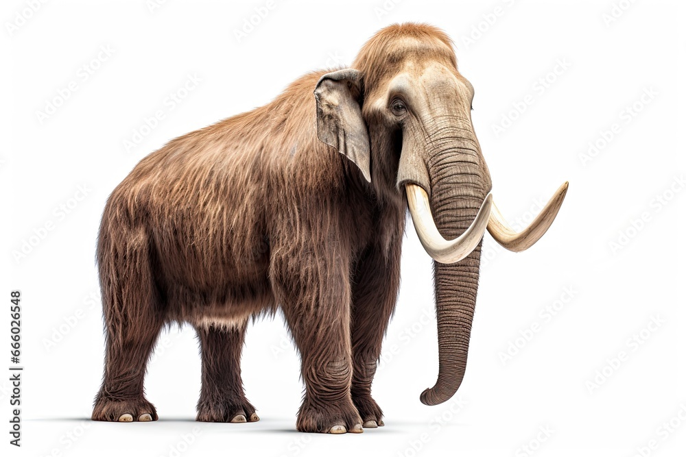 Photo of a realistic depiction of a woolly mammoth in a studio setting created with Generative AI technology