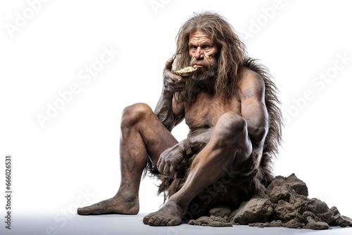 Photo of a primitive Neanderthal man enjoying a snack in a natural setting created with Generative AI technology