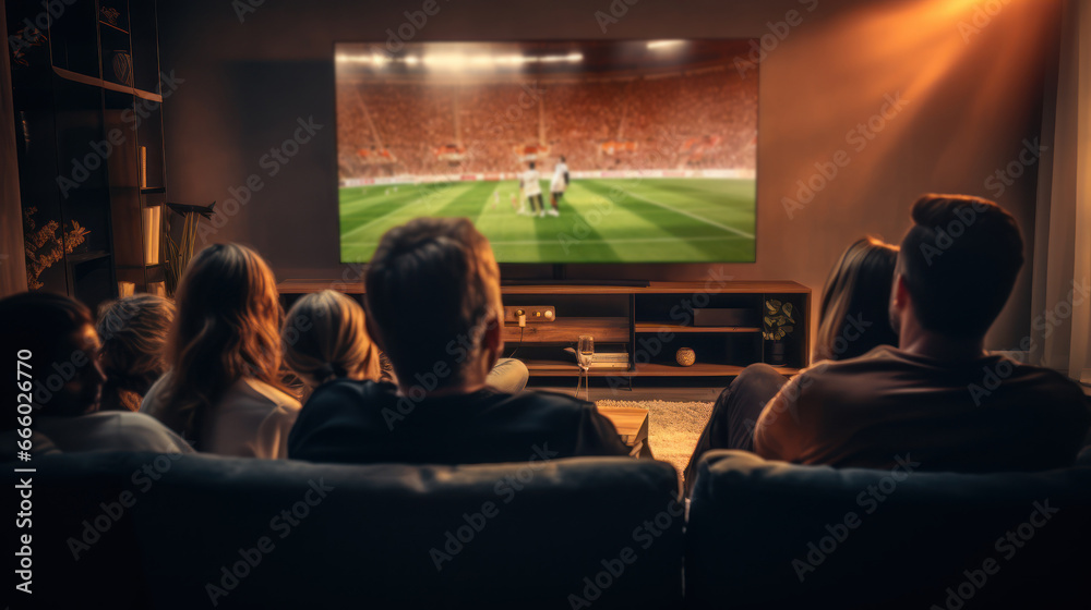 A group gathers, eyes glued to the TV, as they passionately watch a football match - obrazy, fototapety, plakaty 
