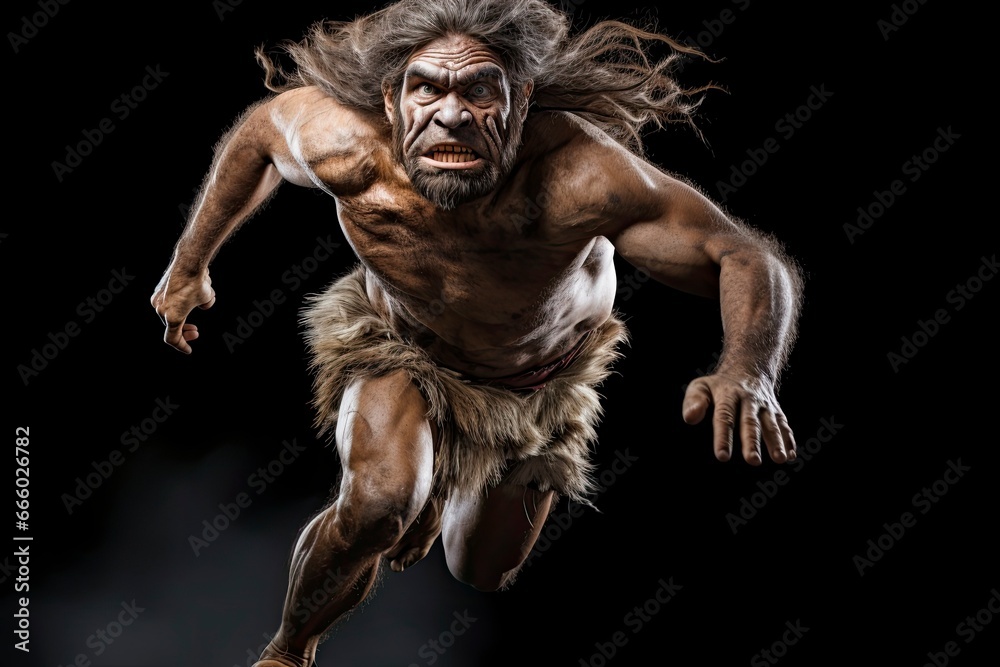 Photo of a Neanderthal with flowing hair gliding through the sky created with Generative AI technology