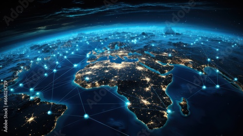 Above a rotating globe, satellites beam interconnected signals, representing the expansive reach of satellite internet