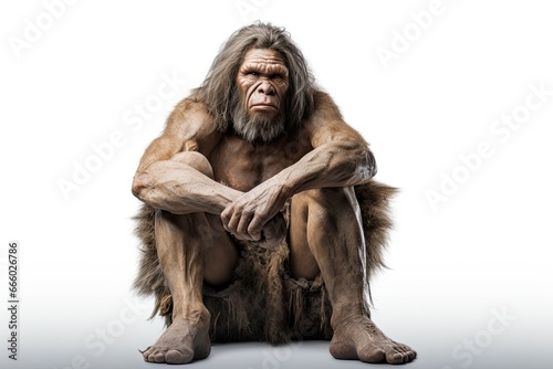 Photo of a mythical Neanderthal meditating on the forest floor created with Generative AI technology