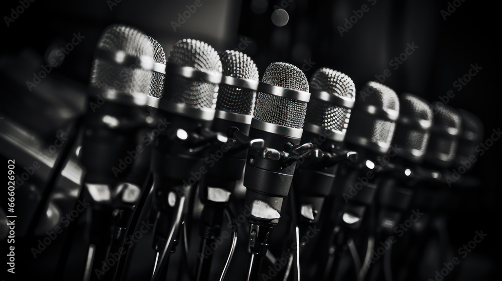 A cluster of microphones awaits, signifying the importance of the upcoming media announcement and the attention it commands A cluster of microphones awaits, signifying the importance of the upcoming media announcement and the attention it commands