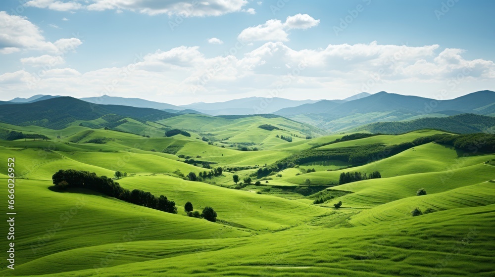 Vast fields of green undulate under the breeze, epitomizing the beauty of rolling countryside and meadows