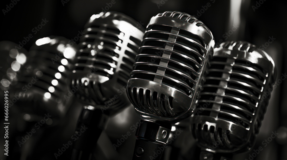 A cluster of microphones awaits, signifying the importance of the upcoming media announcement and the attention it commands - obrazy, fototapety, plakaty 