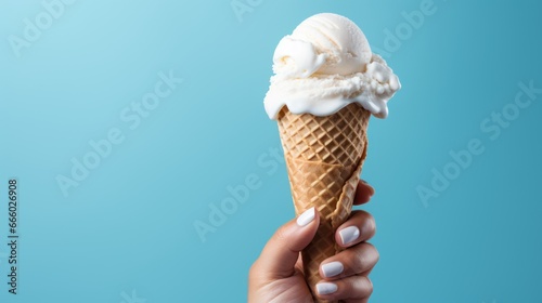 A woman's hand gracefully holds an ice cream cone, contrasting beautifully against a vivid blue background