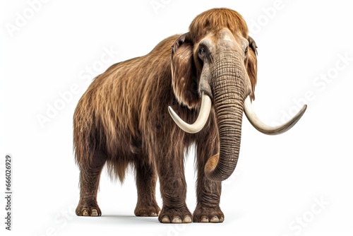Photo of a prehistoric elephant-like creature standing against a blank canvas created with Generative AI technology