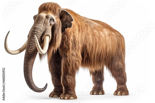 Photo of a realistic depiction of a woolly mammoth against a clean white backdrop created with Generative AI technology