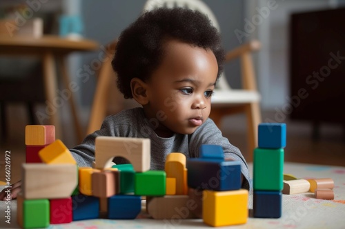 African baby playing with wooden colorful cubes. Construction multicolored blocks for toddler kids. Generate ai