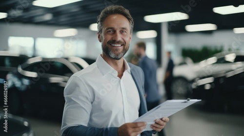 A happy male car dealer is standing in showroom