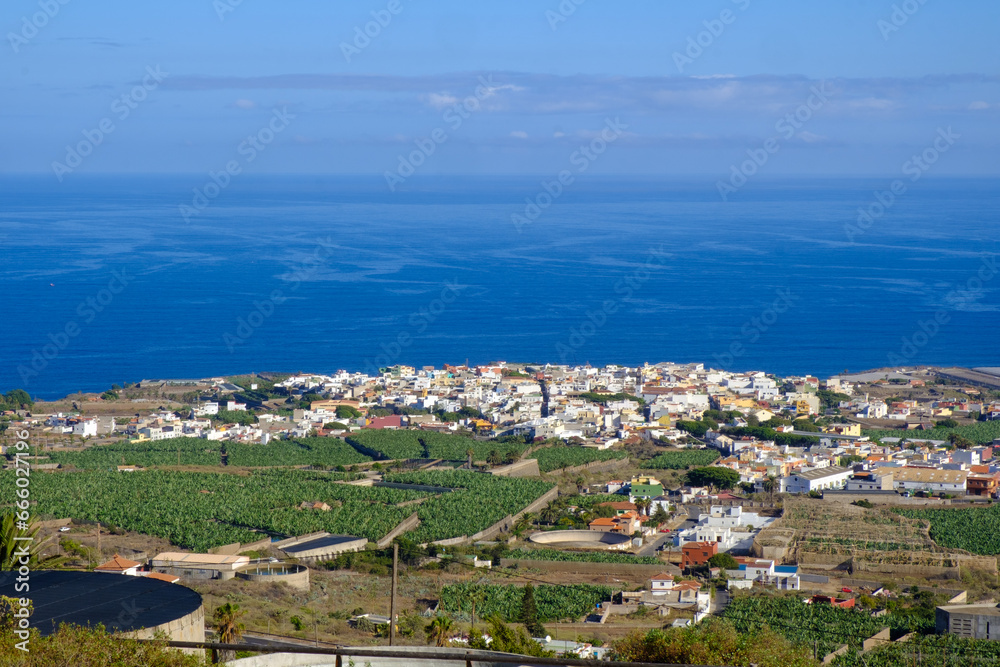 Landscape with seaside village and banana plantations in the south of Tenerife, Spain