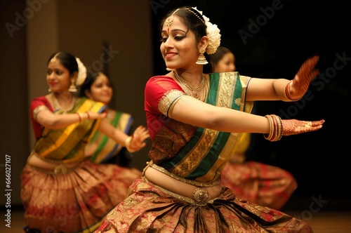 Bharatanatyam Indian dance. Traditional female Indian dancer in colorful dress. Generate ai