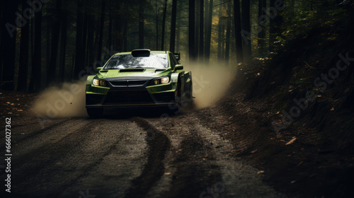 Cars speed through dense forests, capturing the essence of rally racing in forested terrains