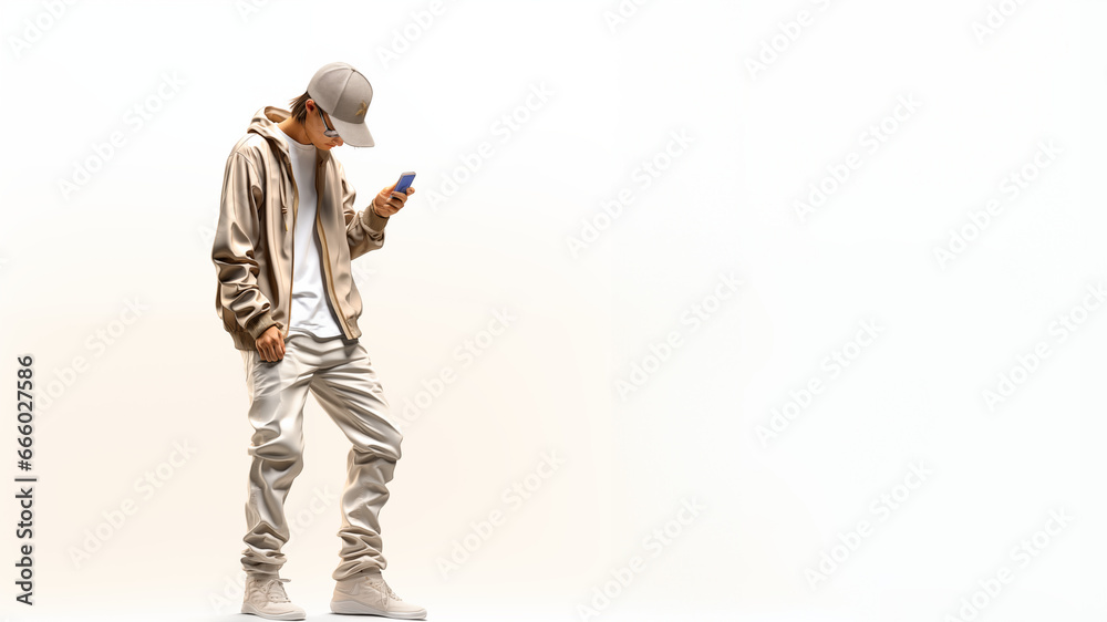 Mann in einem weißen Outfit und Capy mit Handy mit abstrakten Hintergrund Querformat, ai generativ Mann in einem weißen Outfit und Capy mit Handy mit abstrakten Hintergrund Querformat, ai generativ