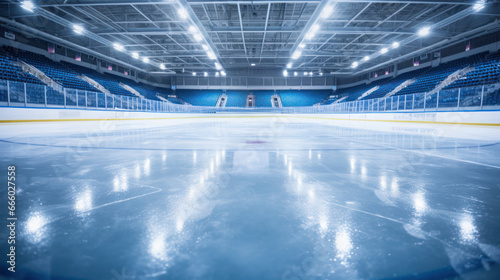 An empty ice rink awaits  reflecting the cold ambiance and anticipation of a hockey match