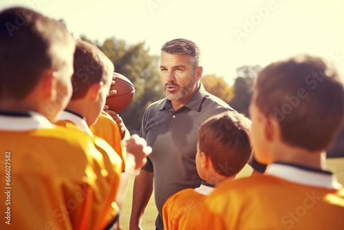 Sport coach American football. Soccer trainer motivating teamwork competition. Generate ai