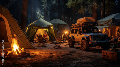 Tents are pitched beside off-road vehicles, celebrating the blend of nature and adventure in forest camping