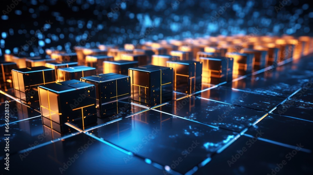 Obraz premium Interconnected blocks glide along a path, each symbolizing goods in transit, illustrating the application of blockchain in supply chains