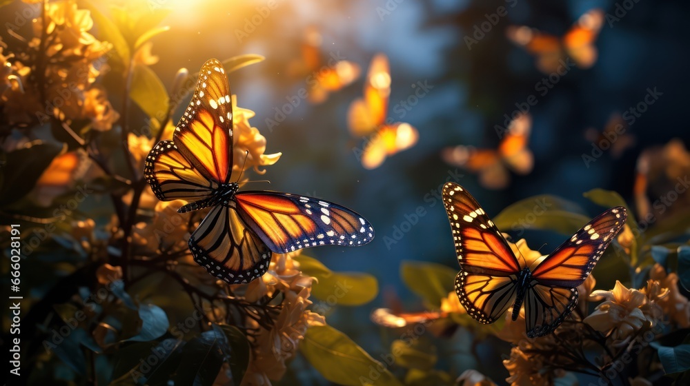 the beauty and grace of migrating monarch butterflies - obrazy, fototapety, plakaty 