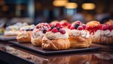 Elegant pastries beckon from a hotel buffet, celebrating a sweet start to the morning