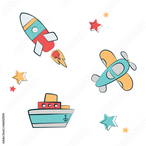 drawn airplane, rocket and boat