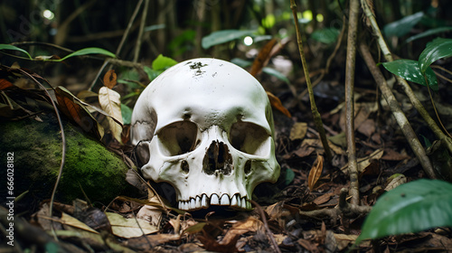 un crâne humain posé sur le sol dans une forêt