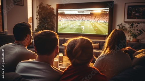 A group gathers, eyes glued to the TV, as they passionately watch a football match photo