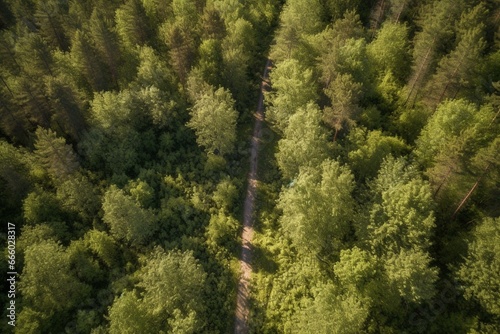 Bird's-eye view of an empty path surrounded by dense evergreen trees. Generative AI