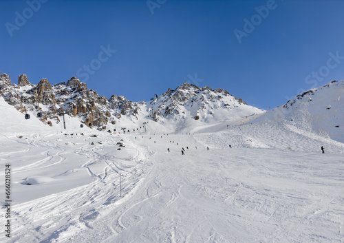 Ski slope from Courchevel top point to Meribel. France.