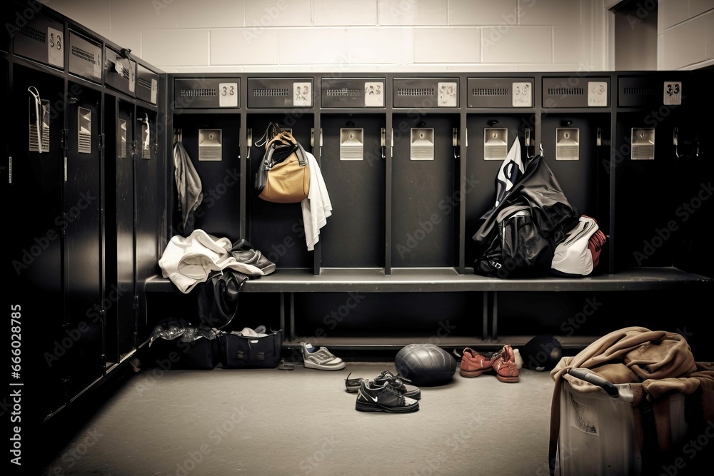 Empty sport locker room. Clothing and shoes in dressing gym room. Generate ai - obrazy, fototapety, plakaty 