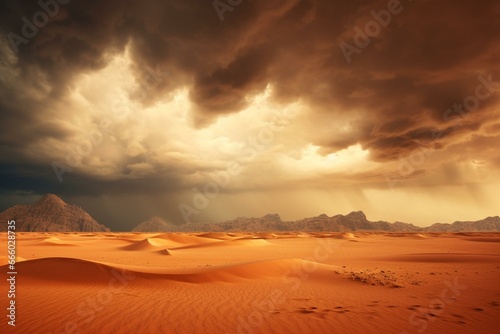 Desert sandstorm landscape with dramatic sky and dunes. Generative AI