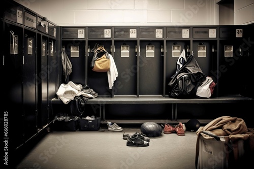 Empty sport locker room. Clothing and shoes in dressing gym room. Generate ai