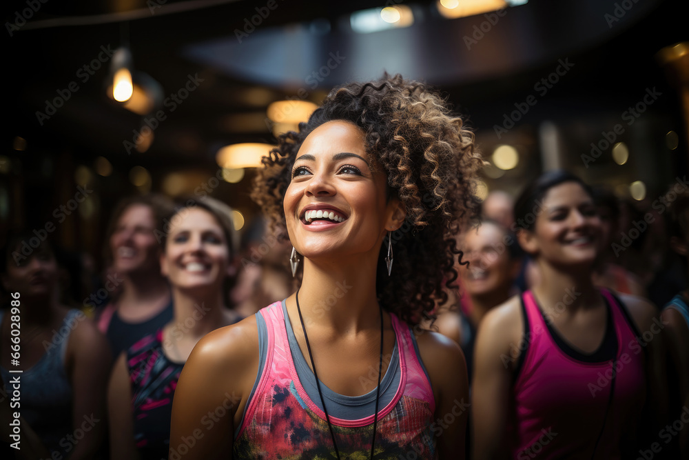 Radiant African American woman with curly hair smiling joyfully amidst a group in an urban setting.