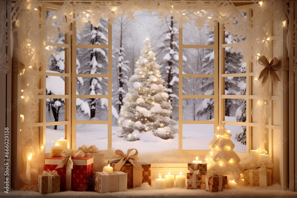Decorated Christmas interior with golden lighting and gift presents for new year. Big window.