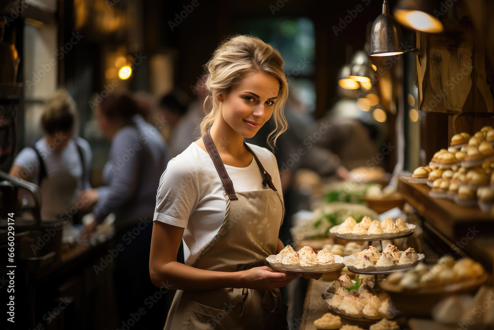 Smiling blonde woman serving fresh pastries in a warmly lit rustic bakery.