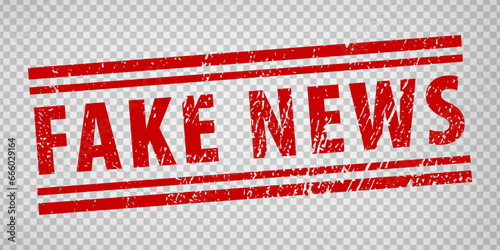 Fake news stamp design on transparent background.  Grunge rubber stamp with word Fake news in red. Flat design. Vector illustration EPS10. 