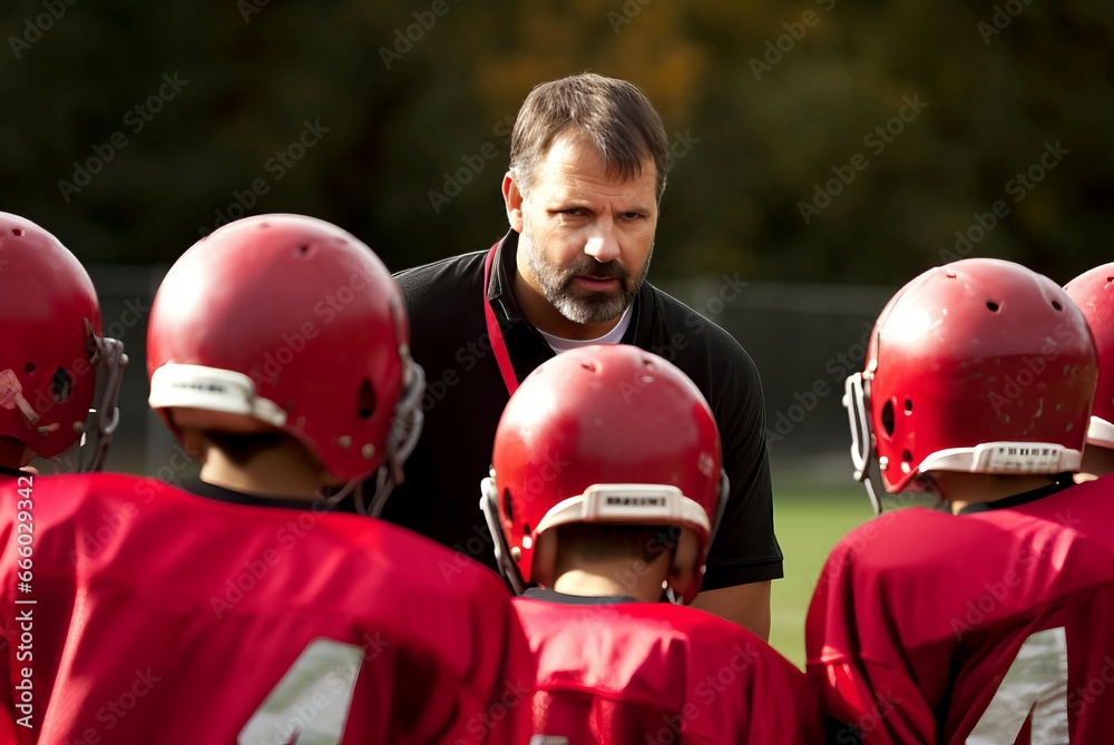 Fototapeta premium Football coach for rugby students team. Soccer training match on green fields. Generate ai